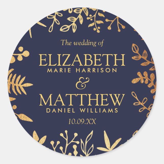 The Elegant Navy & Gold Floral Wedding Collection Classic Round Sticker (Front)