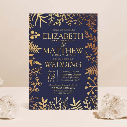 The Elegant Navy  Gold Floral Wedding Collection Invitation