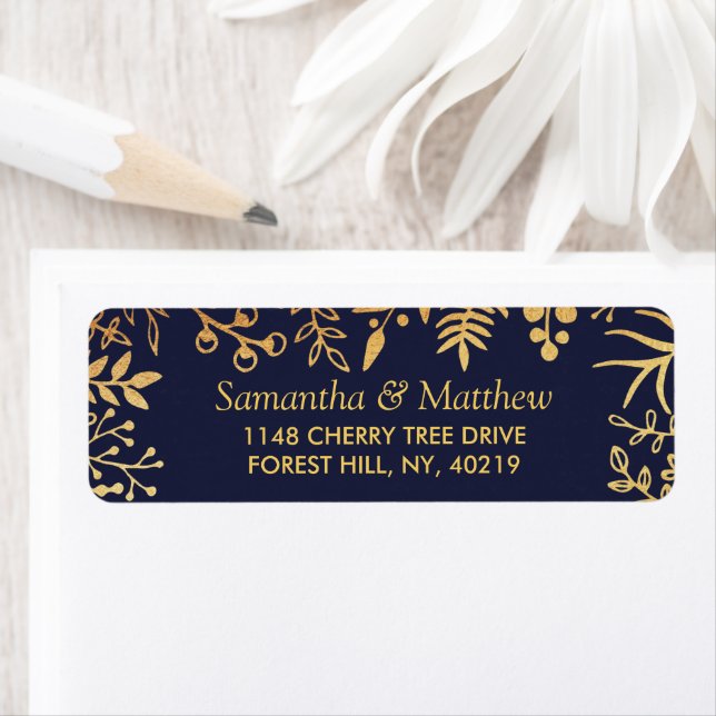 The Elegant Navy & Gold Floral Wedding Collection Label (Insitu)