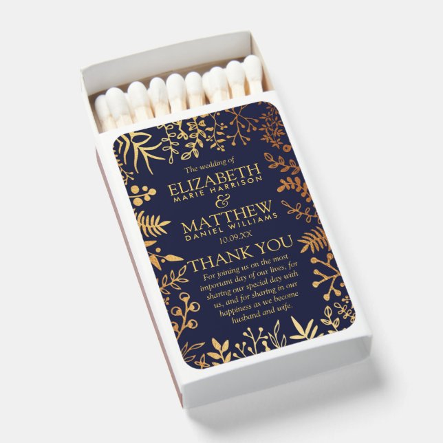 The Elegant Navy & Gold Floral Wedding Collection Matchboxes (Front Open)