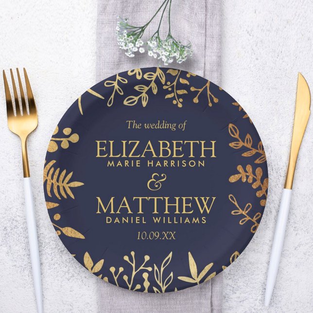 The Elegant Navy & Gold Floral Wedding Collection Paper Plates (Creator Uploaded)
