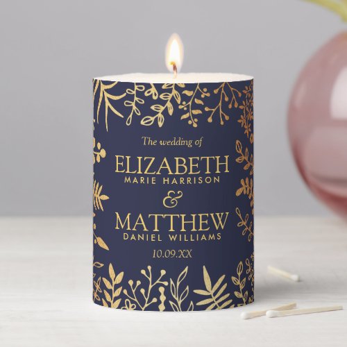 The Elegant Navy  Gold Floral Wedding Collection Pillar Candle