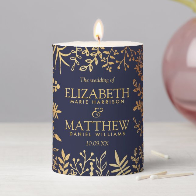 The Elegant Navy & Gold Floral Wedding Collection Pillar Candle (In Situ)