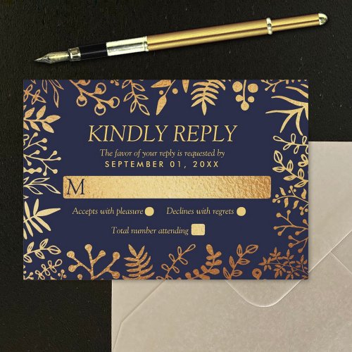 The Elegant Navy  Gold Floral Wedding Collection RSVP Card