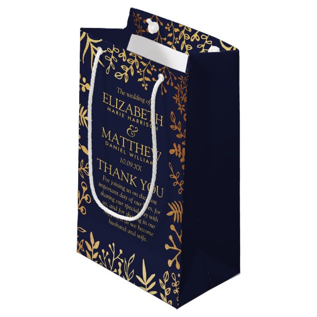The Elegant Navy & Gold Floral Wedding Collection Small Gift Bag (Front Angled)