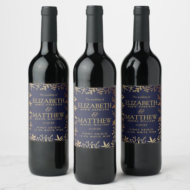 The Elegant Navy & Gold Floral Wedding Collection Wine Label (Bottles)