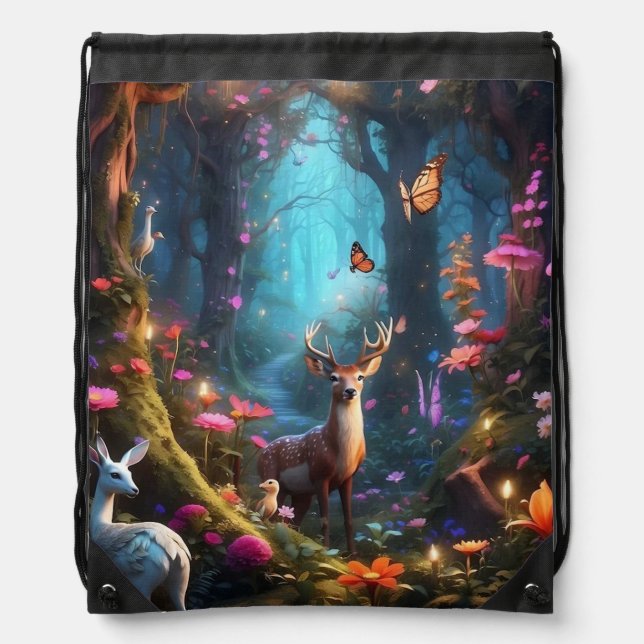 The Enchanted Forest a Mystical Oasis Drawstring Bag (Front)