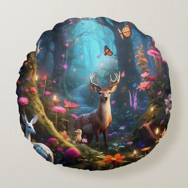 The Enchanted Forest a Mystical Oasis Round Pillow (Front)