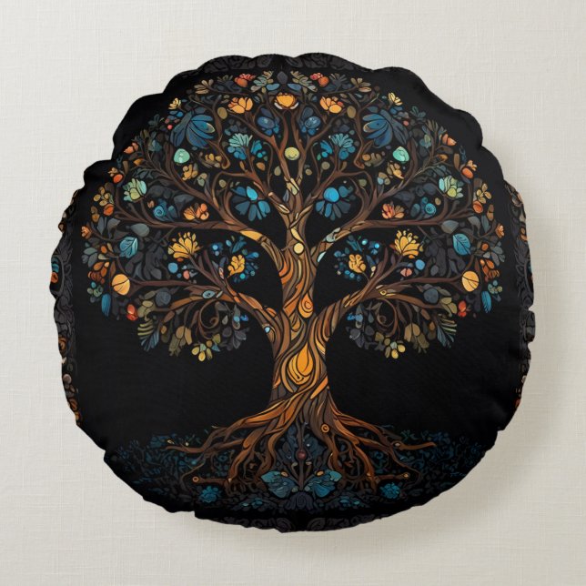 The Enchanted Mosaic Tree Round Pillow (Front)
