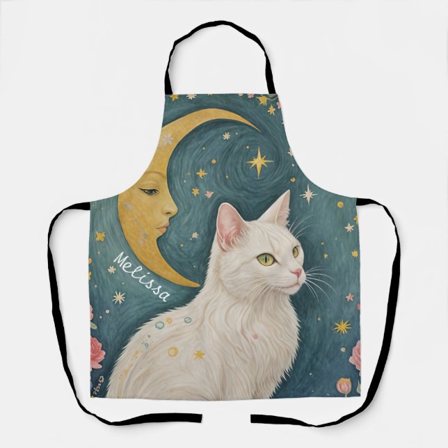 The Enchanting White Cat with Green Eyes Apron (Front)