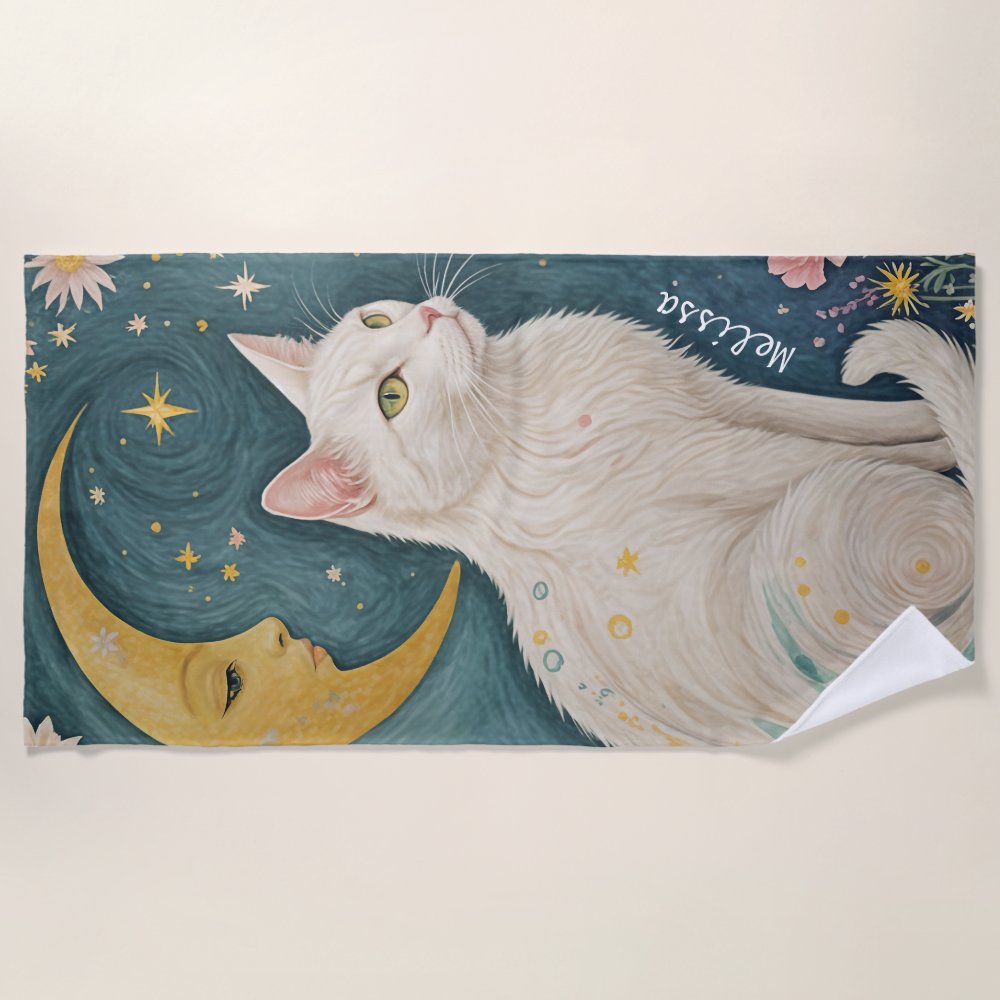 Discover The Enchanting White Cat with Green Eyes Custom Beach Towel