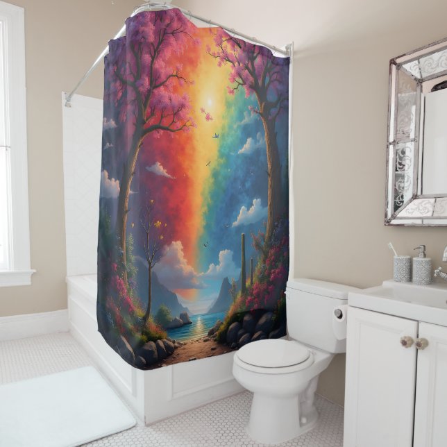 The end of the path is a rainbow shower curtain (In Situ)