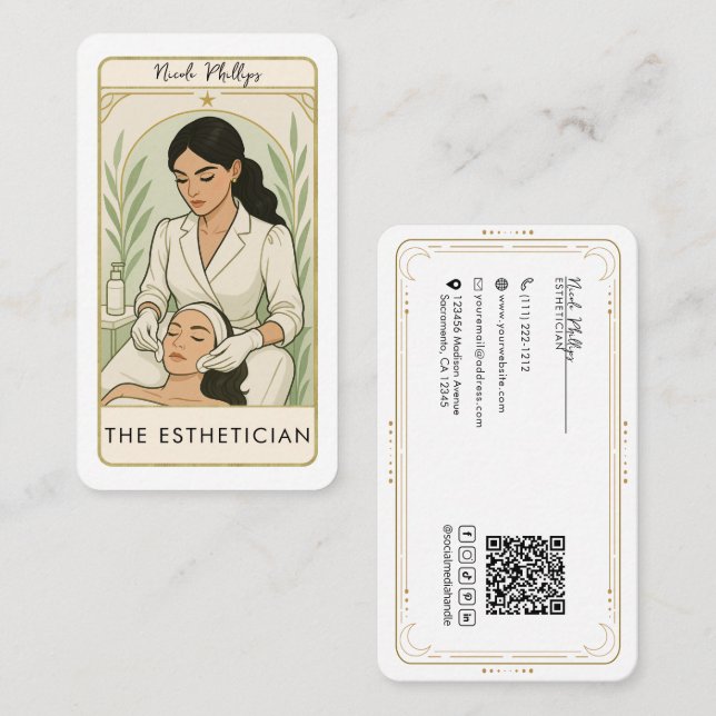 The Esthetician Skin Care Tarot Social Media QR Business Card (Front/Back)