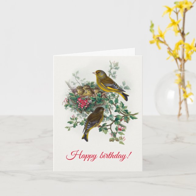 The European greenfinch, Happy Birthday   Card (Yellow Flower)