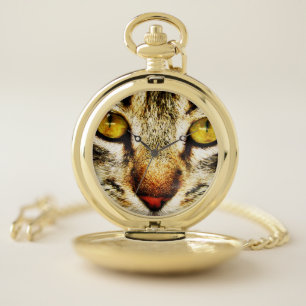 The expressive look of a domestic cat pocket watch