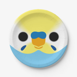 The face of a pastel rainbow male budgie paper plates