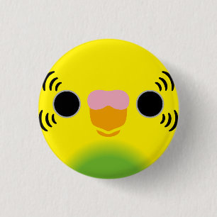 The face of a recessive pied budgie button