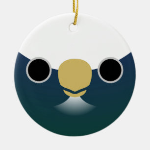 The face of a white-crowned parrot ceramic ornament