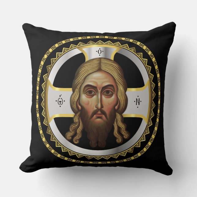 The Face Of Christ Orthodox Black Icon Throw Pillow (Front)