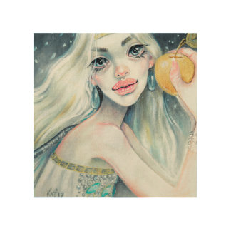 The fairy and the golden apple, magic lowbrow wood wall art
