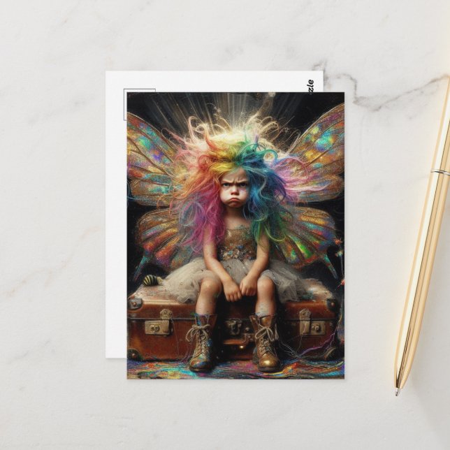 The Fairy Grump on a Vintage Suitcase Postcard (Front/Back In Situ)