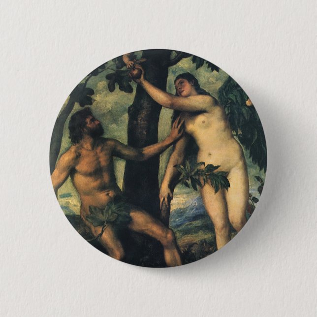 The Fall of Man; Adam and Eve by Titian Button (Front)