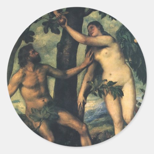 The Fall of Man Adam and Eve by Titian Classic Round Sticker