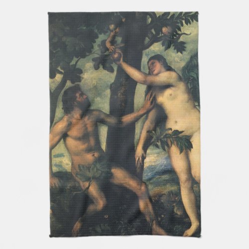 The Fall of Man Adam and Eve by Titian Kitchen Towel
