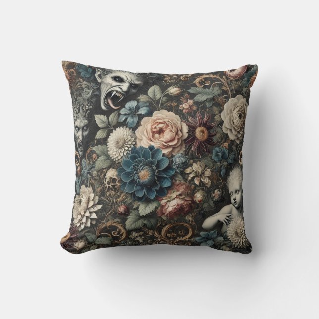 The Fallen Nursery – Gothic Floral Design Throw Pillow (Front)