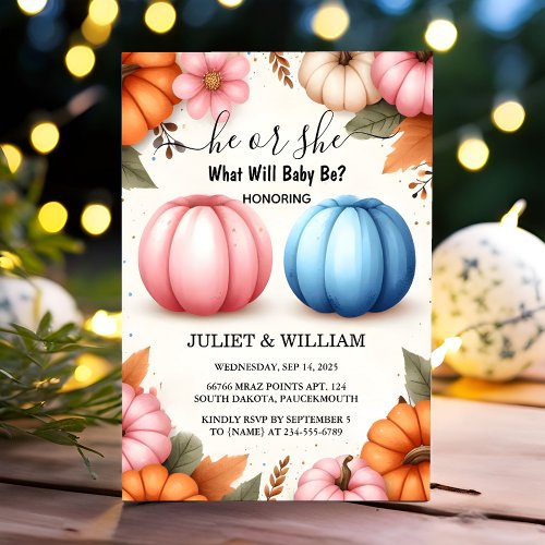 The Farm Pink Blue Fall Girl Pumpkin Gender Reveal Invitation