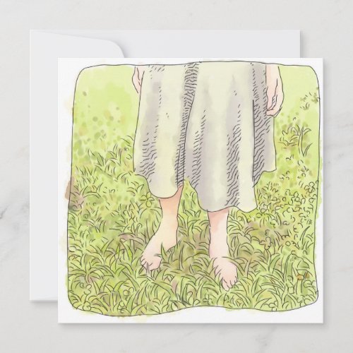 the feet of a one_piece woman standing barefoot on note card