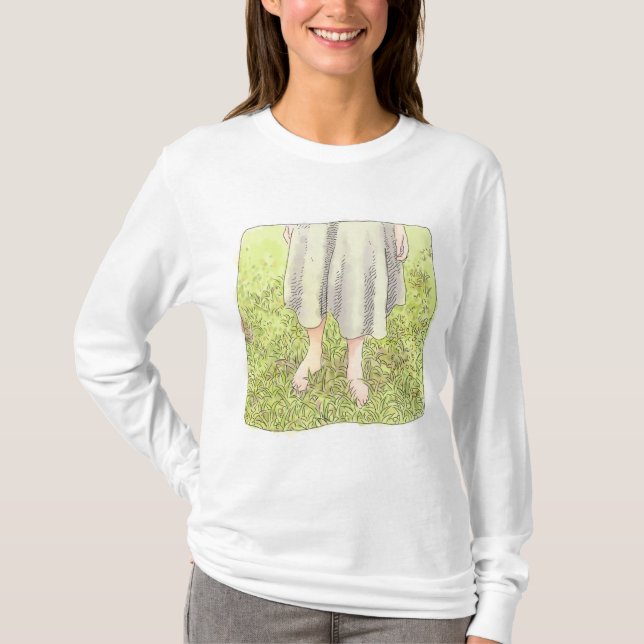 the feet of a one-piece woman standing barefoot on T-Shirt (Front)