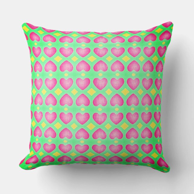 The Festival of Hot Pink Hearts over Mint Green Throw Pillow (Front)