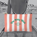 The Fifty Club Pink Cabana Stripe 50th Birthday  Accessory Pouch<br><div class="desc">Celebrate turning fifty with the The Fifty Club Blue Cabana Stripe 50th Birthday Accessory Pouch! Featuring pink and white cabana stripes with bold retro green lettering, this stylish pouch is perfect for storing party essentials, makeup, or travel must-haves. Personalize with your custom location and milestone year for a playful yet...</div>