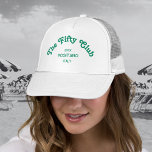 The Fifty Club Retro Green Custom Crest White Trucker Hat<br><div class="desc">Top off your milestone celebration in style with the The Fifty Club Retro Green Custom Crest White Trucker Hat! Featuring a bold vintage-inspired crest design in retro green this sporty-meets-chic hat is the perfect accessory for any 50th birthday bash. Customize with your location and milestone year for a personal touch...</div>
