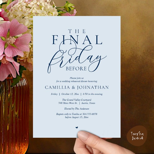“The Final Friday Before” Romance Rehearsal Dinner Invitation (“The Final Friday Before” Romance Rehearsal Dinner Invitation Card in Misty Navy Blue)