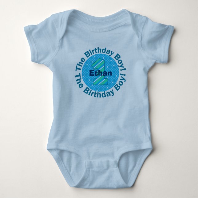 The First Birthday Boy Blue Circle T-Shirt Baby Bodysuit (Front)