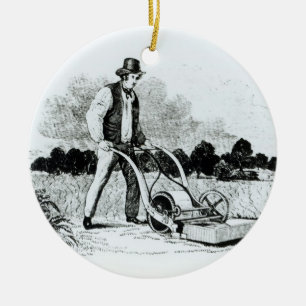 The first lawnmower (engraving) (b/w photo) ceramic ornament