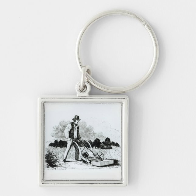 The first lawnmower (engraving) (b/w photo) keychain (Front)