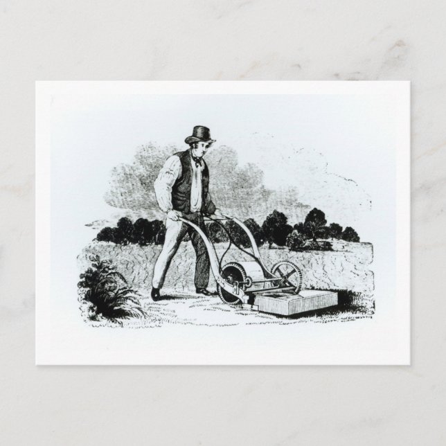 The first lawnmower (engraving) (b/w photo) postcard (Front)