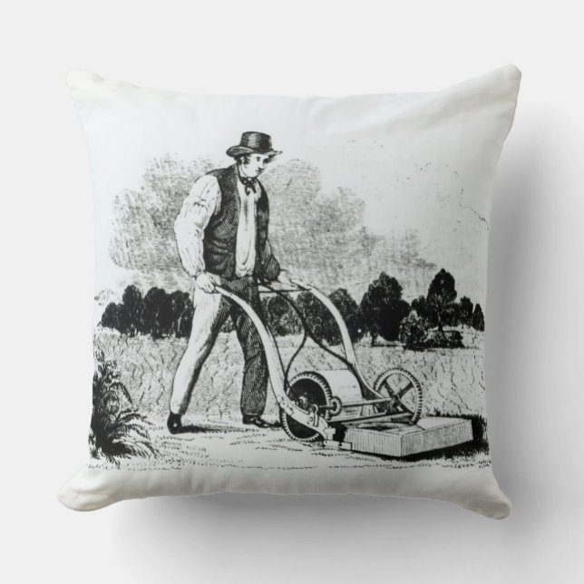 The first lawnmower (engraving) (b/w photo) throw pillow (Front)