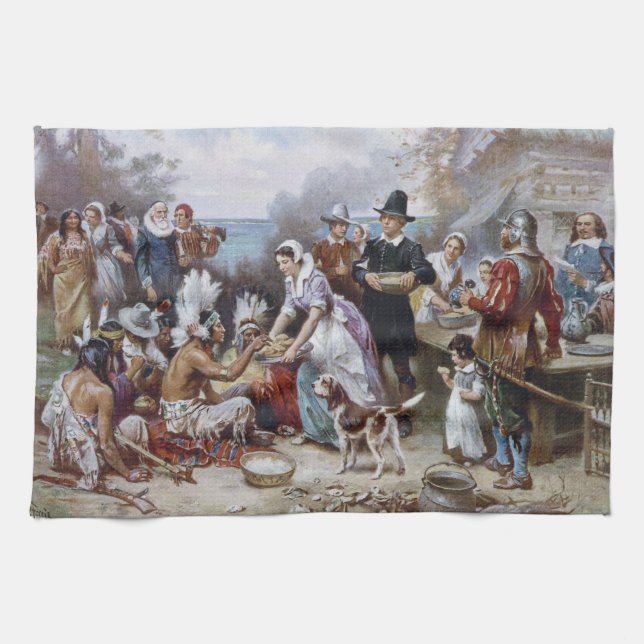 The First Thanksgiving by Jean Ferris c. 1912 Kitchen Towel (Horizontal)
