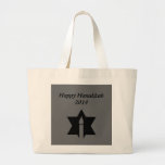 The Flame & Star - Large Tote Bag<br><div class="desc">This image is a flame from a candle. A star around the flame represents Hanukkah. Done in a black tattoo. A black backround was also added. "Happy Hanukkah 2014" is printed on this design. Customize with your own words. These totes are available in assorted styles,  colors and sizes.</div>