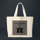 The Flame & Star - Large Tote Bag<br><div class="desc">This image is a flame from a candle. A star around the flame represents Hanukkah. Done in a black tattoo. A black backround was also added. "Happy Hanukkah 2014" is printed on this design. Customize with your own words. These totes are available in assorted styles,  colors and sizes.</div>