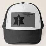The Flame & Star - Trucker Hat<br><div class="desc">This image is a flame from a candle. A star around the flame represents Hanukkah. Done in a black tattoo.   All this is done on a black backround. "Happy Hanukkah 2014" Customize with your own words. This hat is available in assorted colors and sizes.</div>