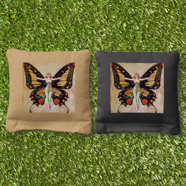The Flapper Girl's Metamorphosis to Butterfly 1922 Cornhole Bags (Grass)