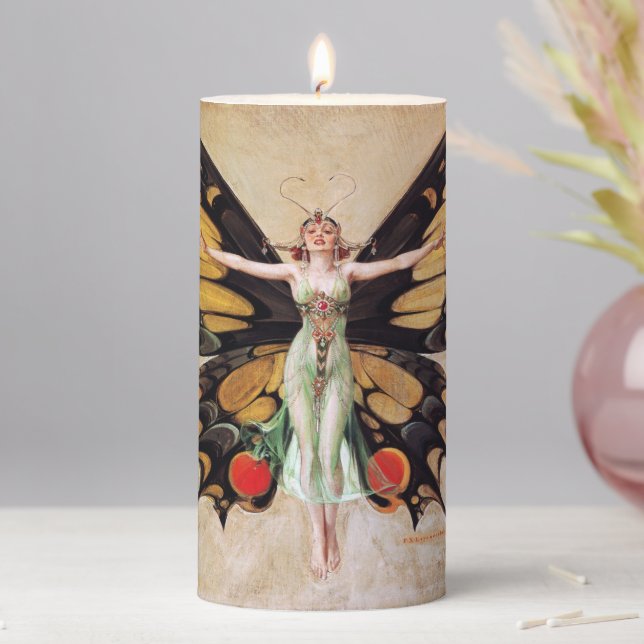 The Flapper Girl's Metamorphosis to Butterfly 1922 Pillar Candle (In Situ)