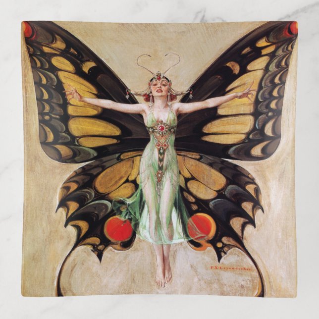The Flapper Girl's Metamorphosis to Butterfly 1922 Trinket Tray (Front)