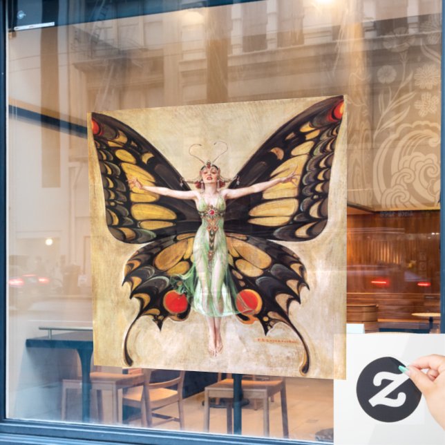 The Flapper Girl's Metamorphosis to Butterfly 1922 Window Cling (Cafe Window)