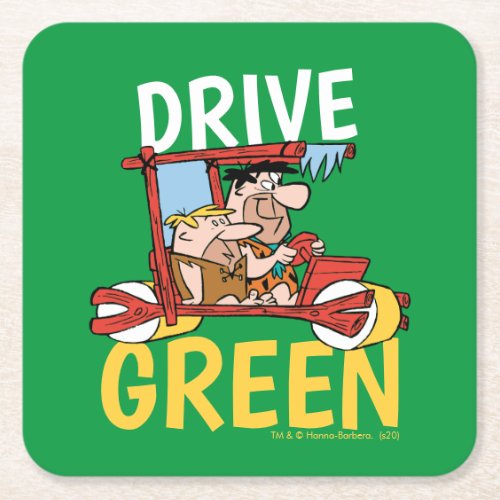 The Flintstones  Fred  Barney _ Drive Green Square Paper Coaster